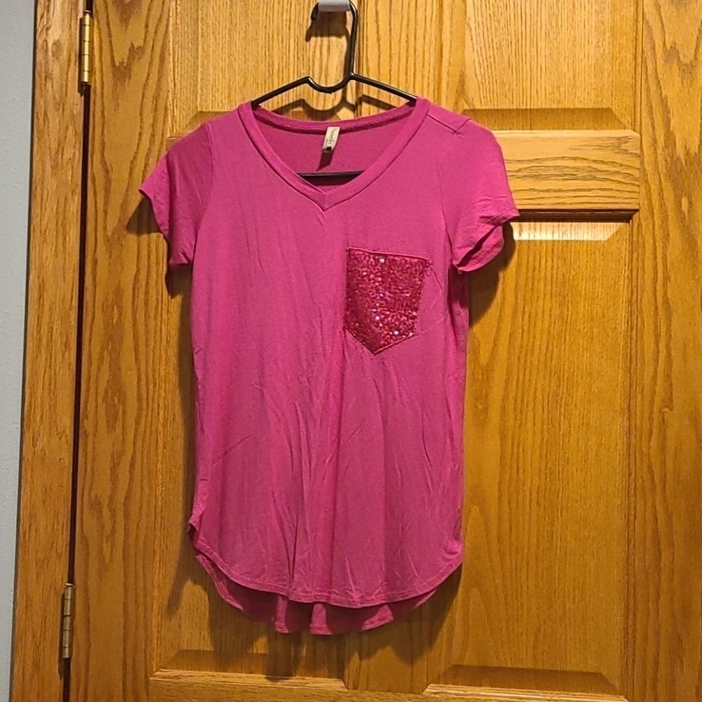 Pomelo girls pink vneck pocket sequin tshirt size xl‎